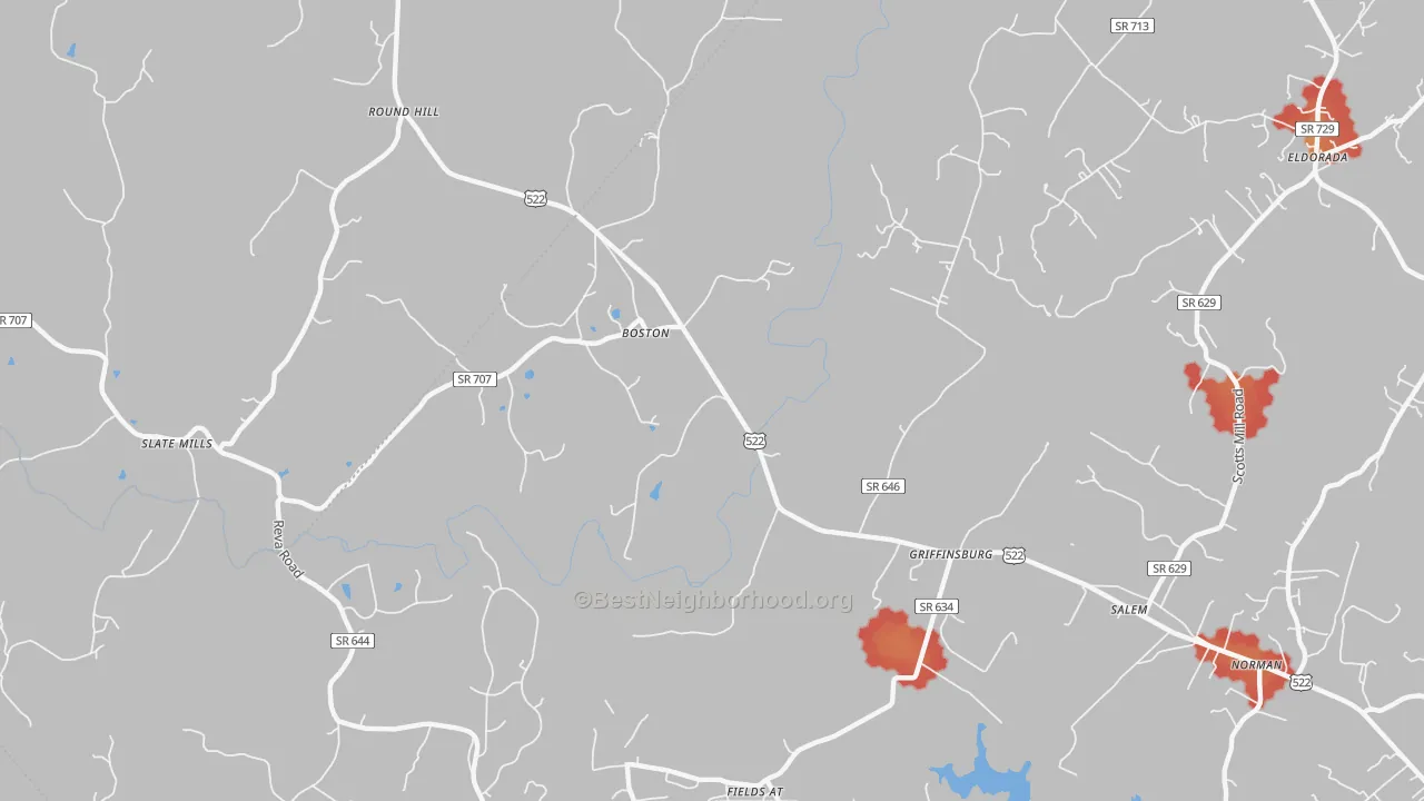 Walk Grade map of 22713, VA, walkable areas in green and car-dependent areas in red