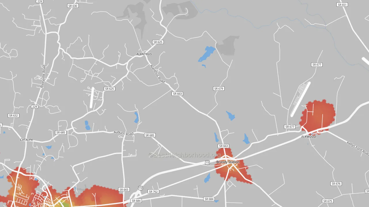 Walk Grade map of 22714, VA, walkable areas in green and car-dependent areas in red