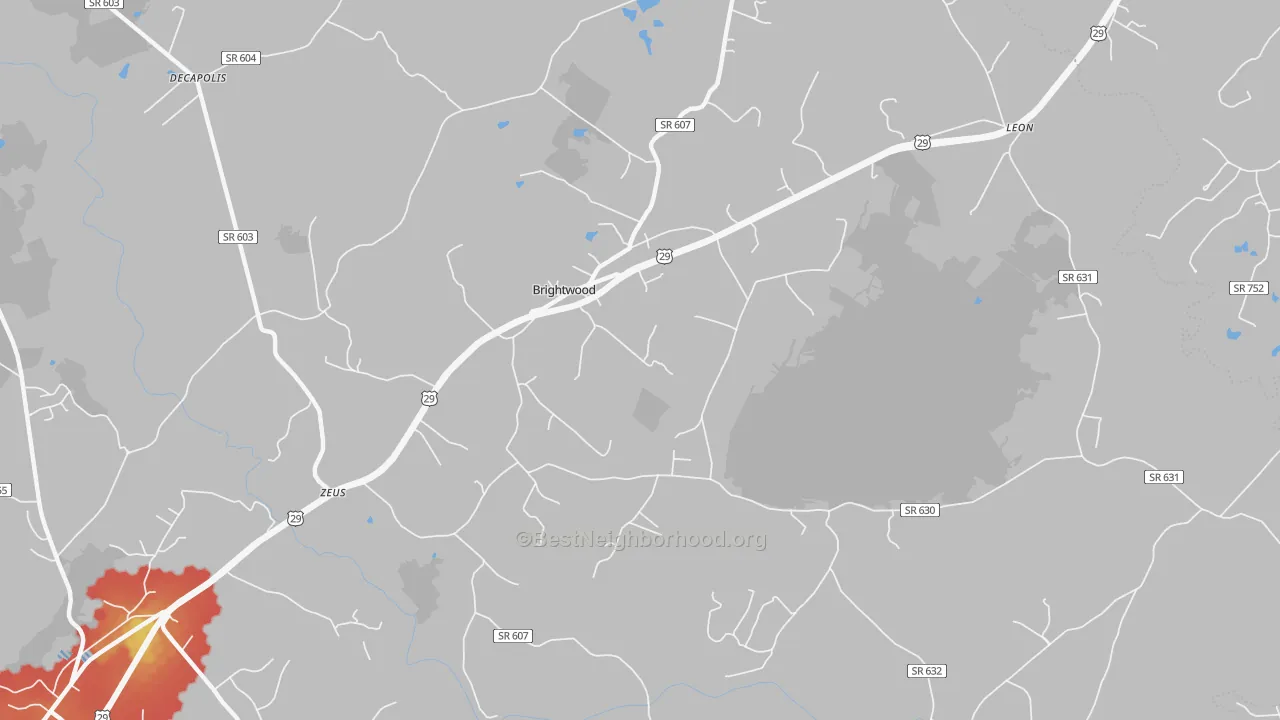 Walk Grade map of 22715, VA, walkable areas in green and car-dependent areas in red