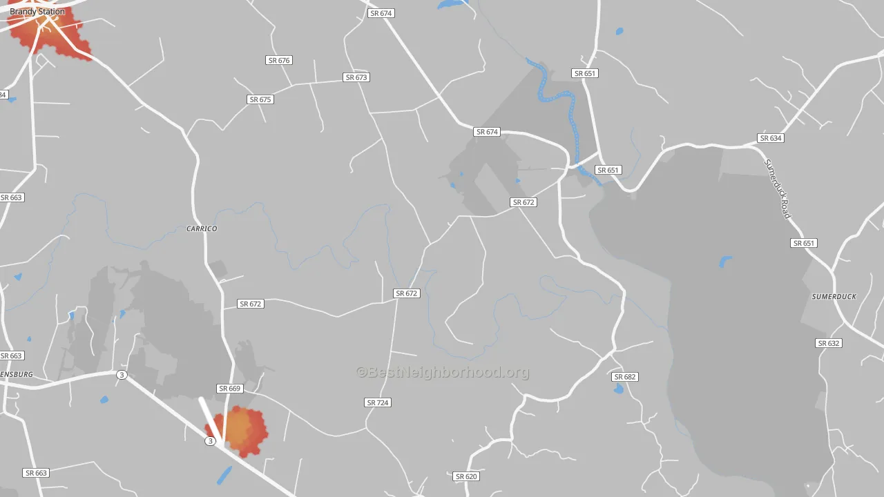 Walk Grade map of 22718, VA, walkable areas in green and car-dependent areas in red