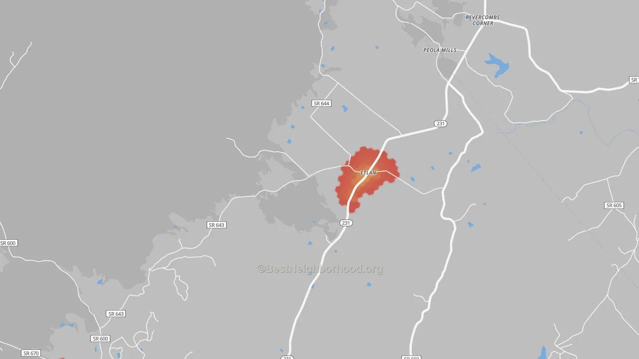 Walk Grade map of 22719, VA, walkable areas in green and car-dependent areas in red