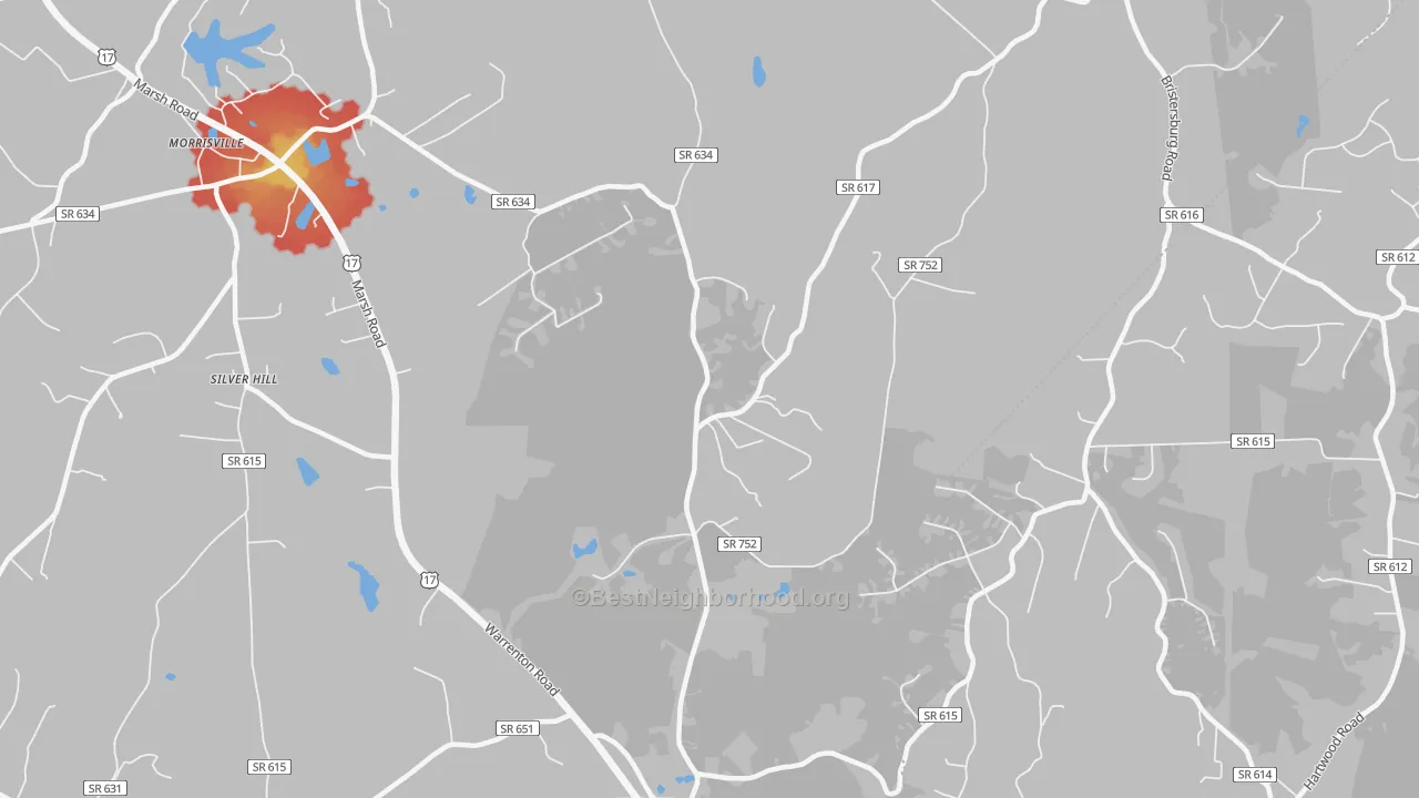 Walk Grade map of 22720, VA, walkable areas in green and car-dependent areas in red