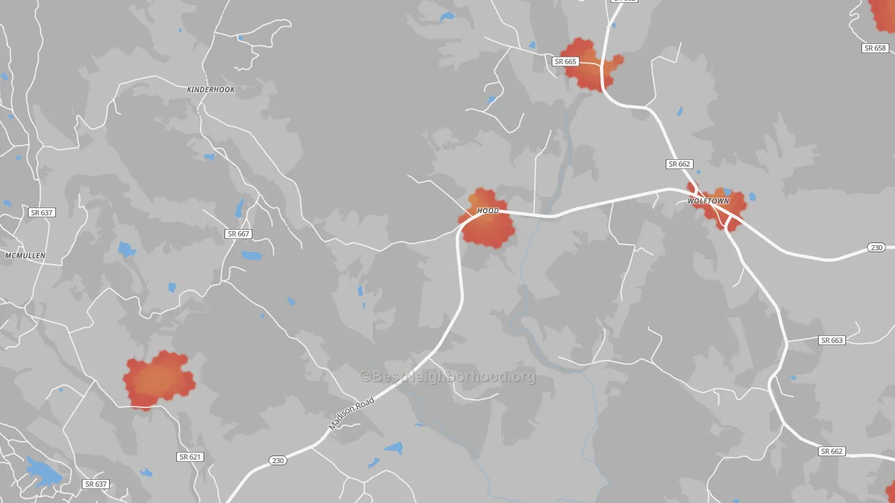 Walk Grade map of 22723, VA, walkable areas in green and car-dependent areas in red