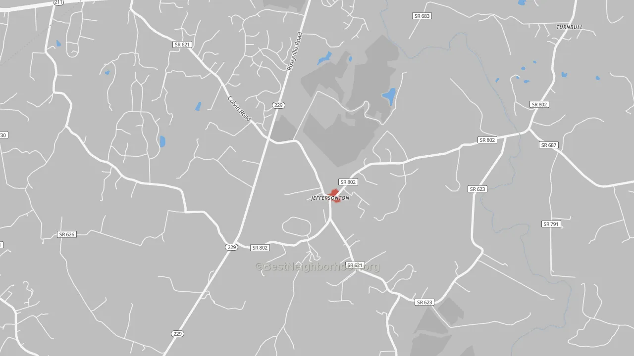 Walk Grade map of 22724, VA, walkable areas in green and car-dependent areas in red