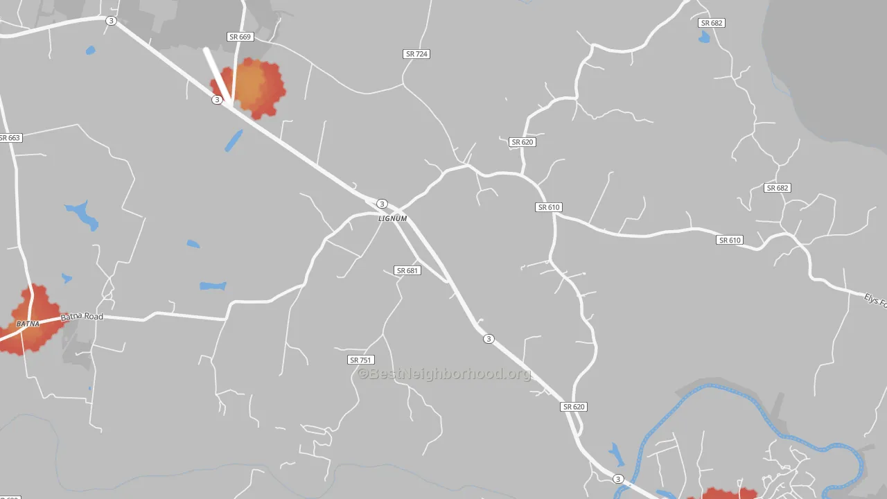 Walk Grade map of 22726, VA, walkable areas in green and car-dependent areas in red