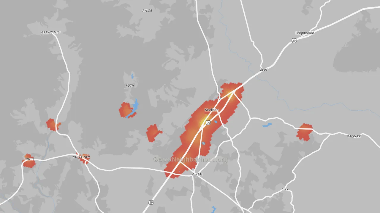 Walk Grade map of 22727, VA, walkable areas in green and car-dependent areas in red