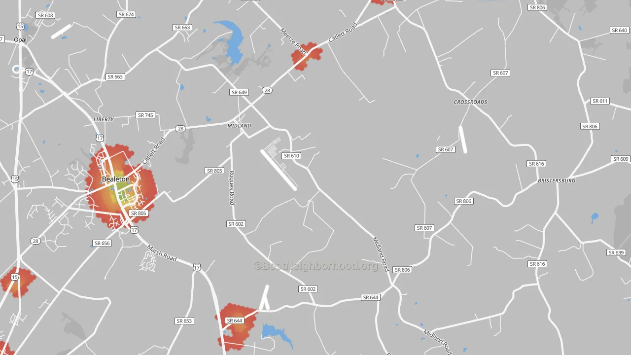 Walk Grade map of 22728, VA, walkable areas in green and car-dependent areas in red