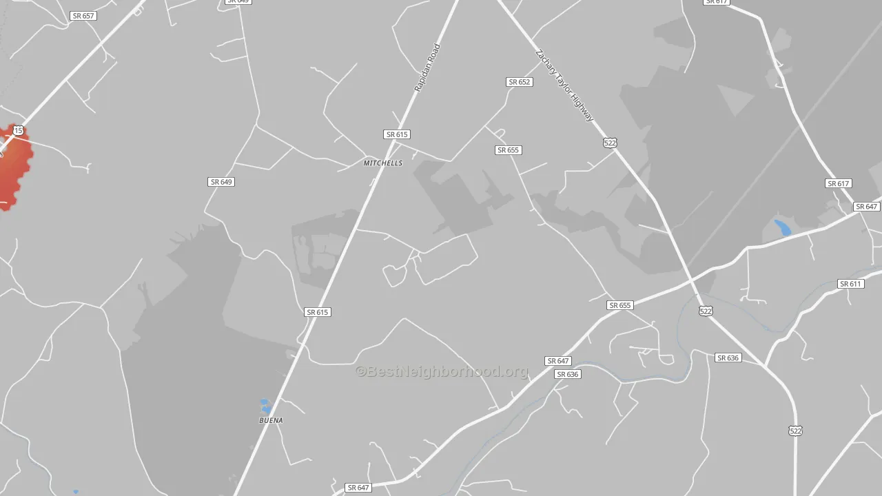 Walk Grade map of 22729, VA, walkable areas in green and car-dependent areas in red