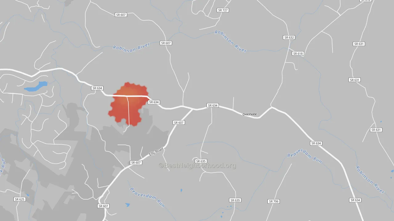 Walk Grade map of 22730, VA, walkable areas in green and car-dependent areas in red