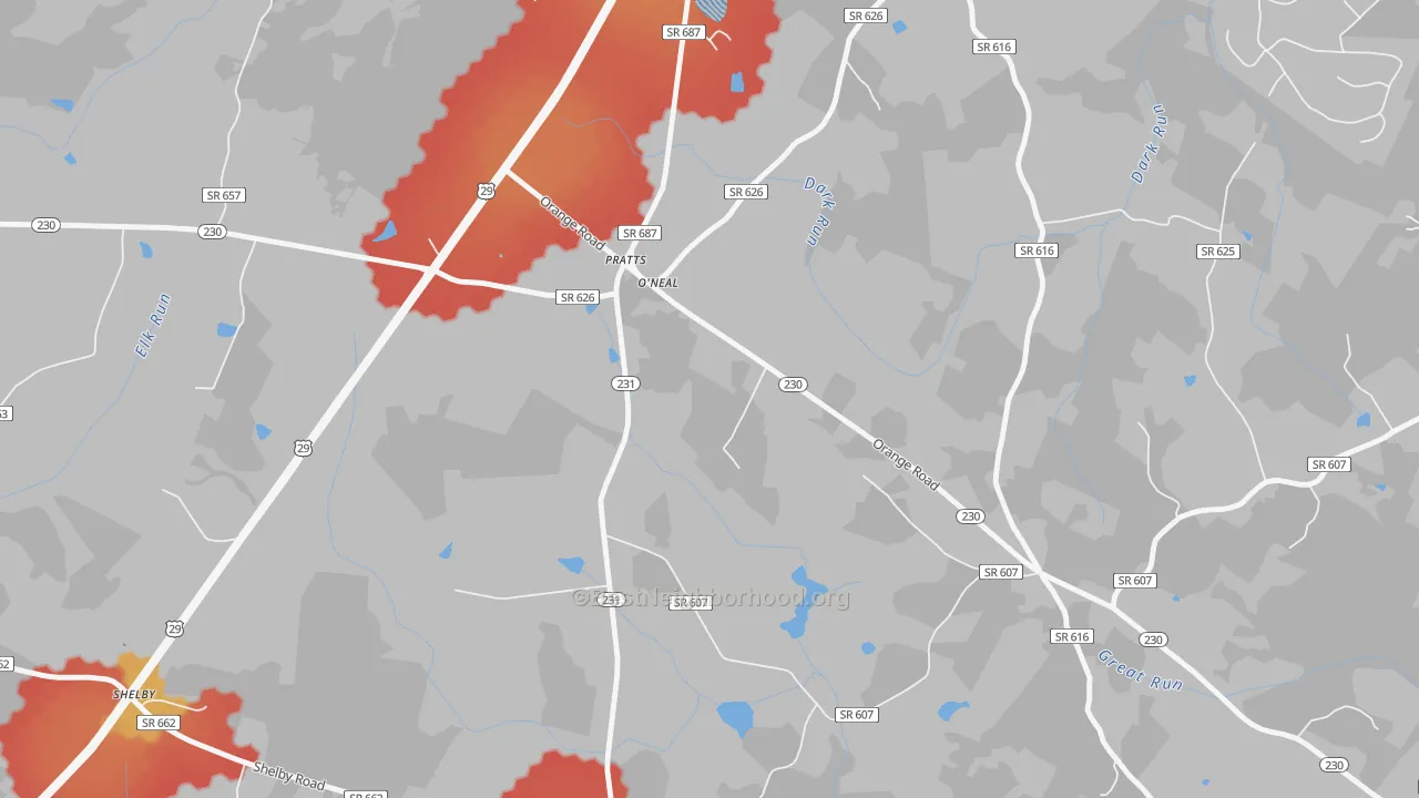 Walk Grade map of 22731, VA, walkable areas in green and car-dependent areas in red
