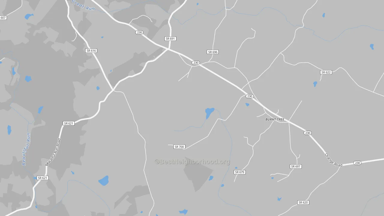 Walk Grade map of 22732, VA, walkable areas in green and car-dependent areas in red