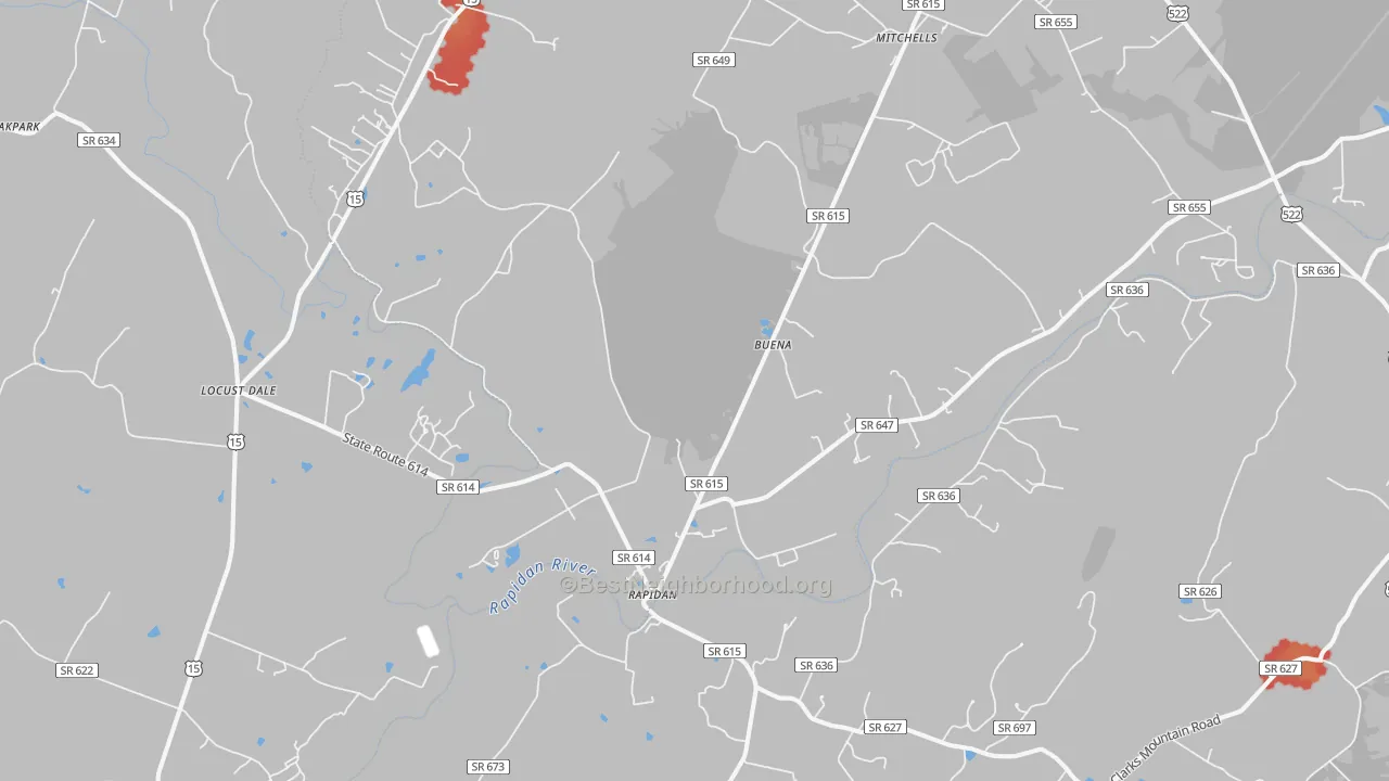 Walk Grade map of 22733, VA, walkable areas in green and car-dependent areas in red