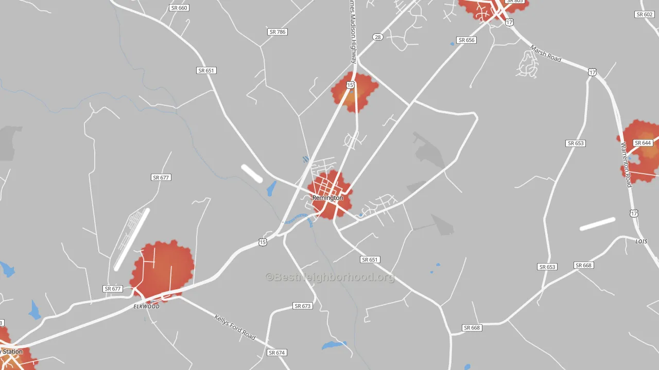 Walk Grade map of 22734, VA, walkable areas in green and car-dependent areas in red