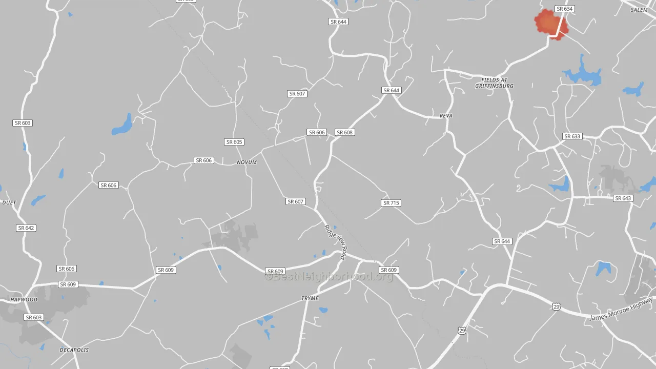Walk Grade map of 22735, VA, walkable areas in green and car-dependent areas in red