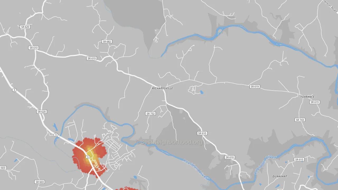 Walk Grade map of 22736, VA, walkable areas in green and car-dependent areas in red