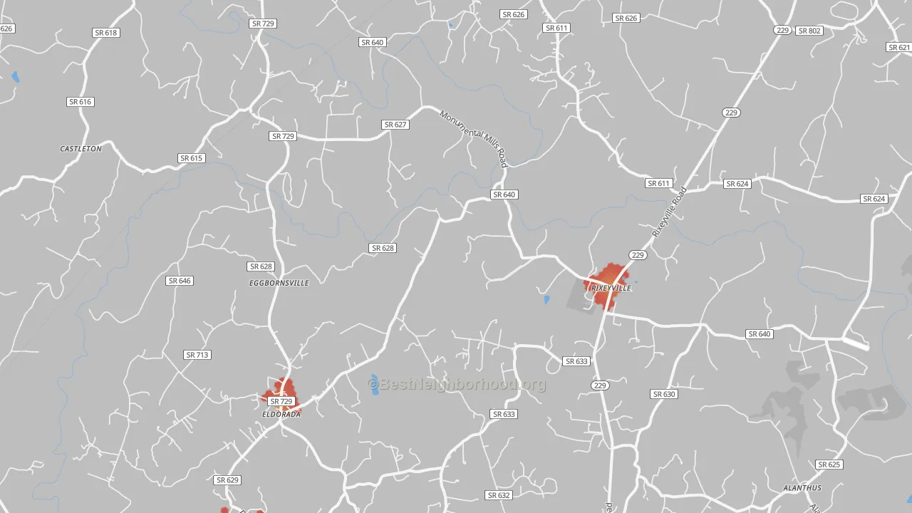 Walk Grade map of 22737, VA, walkable areas in green and car-dependent areas in red