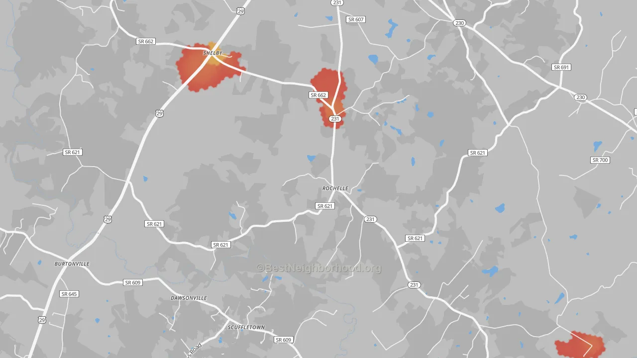 Walk Grade map of 22738, VA, walkable areas in green and car-dependent areas in red