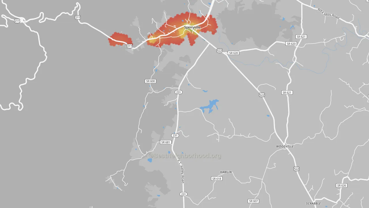 Walk Grade map of 22740, VA, walkable areas in green and car-dependent areas in red