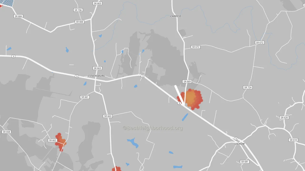 Walk Grade map of 22741, VA, walkable areas in green and car-dependent areas in red