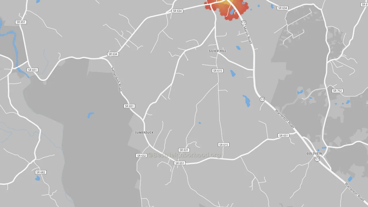 Walk Grade map of 22742, VA, walkable areas in green and car-dependent areas in red