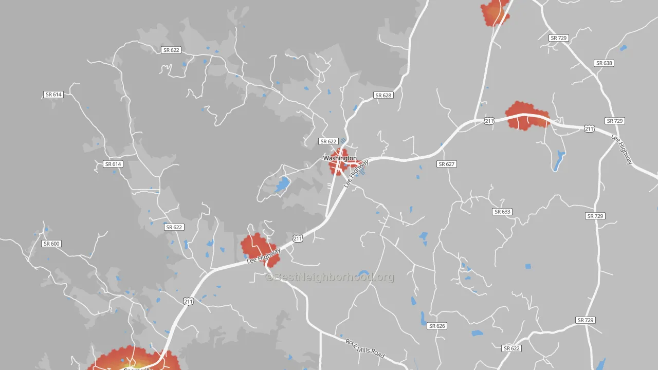 Walk Grade map of 22747, VA, walkable areas in green and car-dependent areas in red