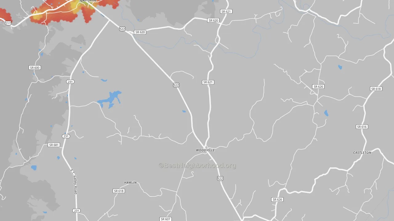 Walk Grade map of 22749, VA, walkable areas in green and car-dependent areas in red