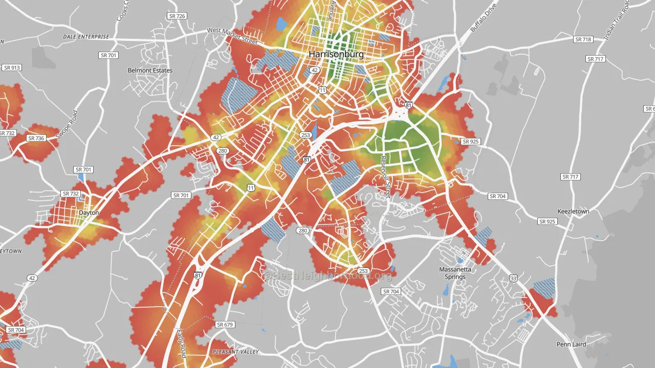 Walk Grade map of 22801, VA, walkable areas in green and car-dependent areas in red