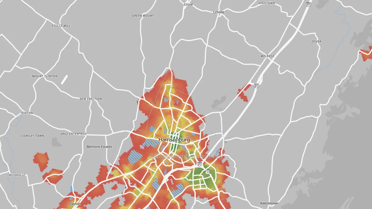 Walk Grade map of 22802, VA, walkable areas in green and car-dependent areas in red