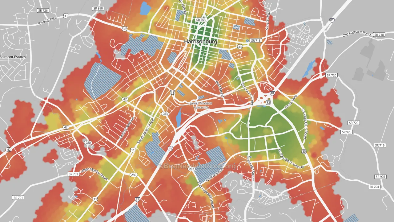 Walk Grade map of 22807, VA, walkable areas in green and car-dependent areas in red