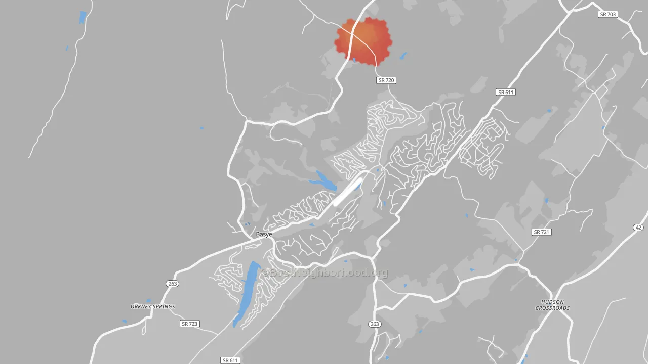 Walk Grade map of 22810, VA, walkable areas in green and car-dependent areas in red
