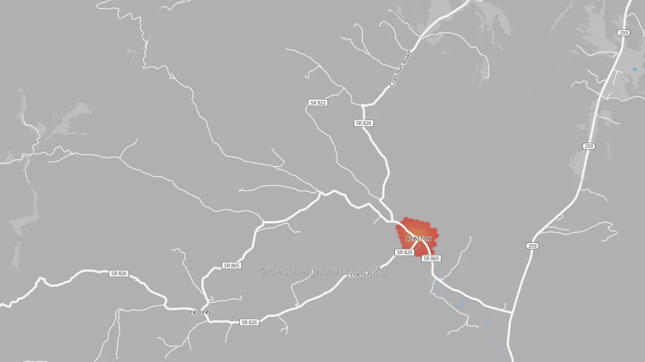 Walk Grade map of 22811, VA, walkable areas in green and car-dependent areas in red