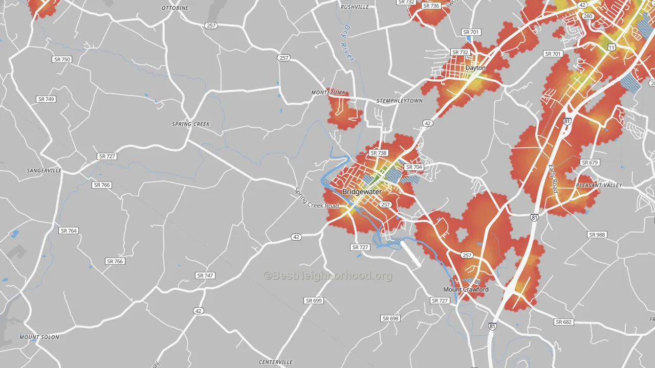 Walk Grade map of 22812, VA, walkable areas in green and car-dependent areas in red