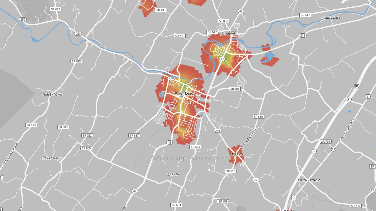 Walk Grade map of 22815, VA, walkable areas in green and car-dependent areas in red