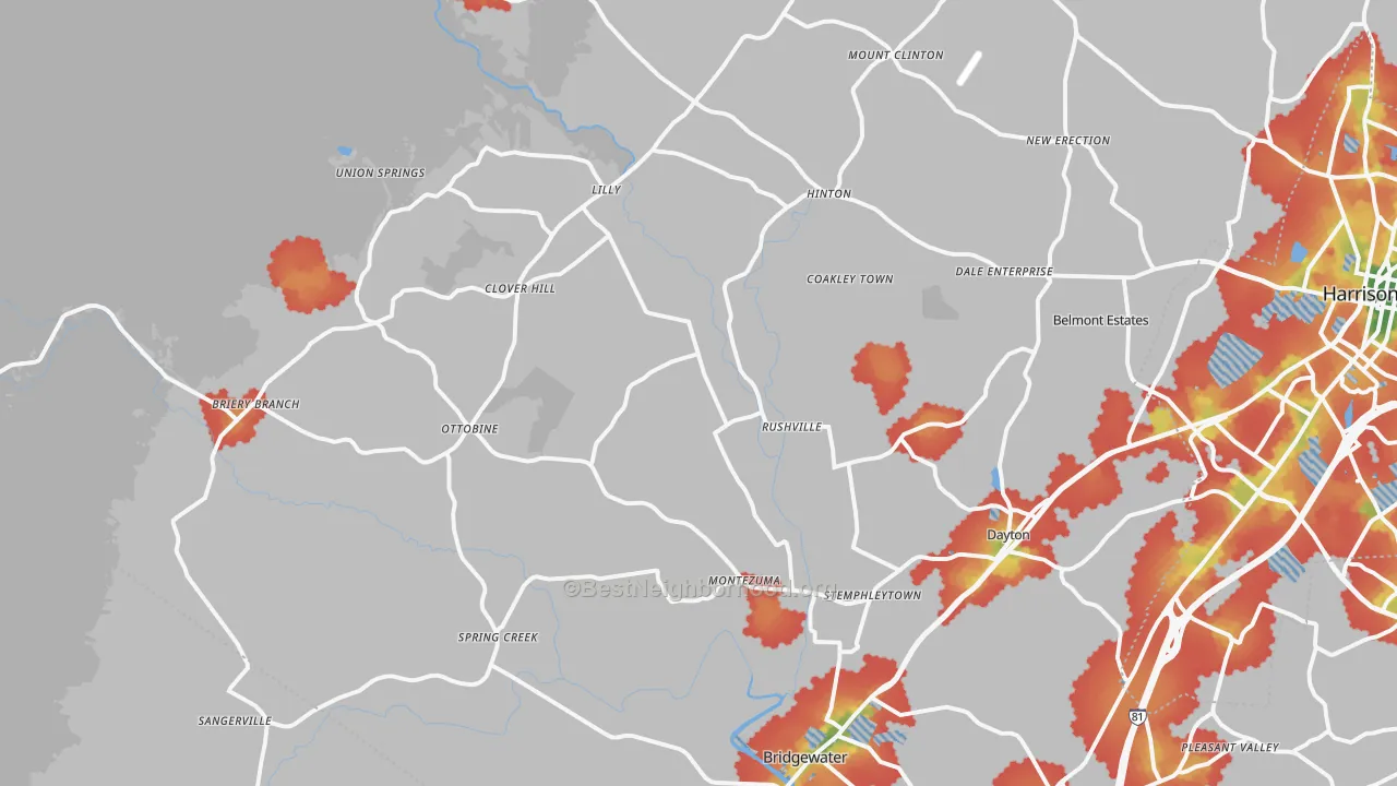 Walk Grade map of 22821, VA, walkable areas in green and car-dependent areas in red