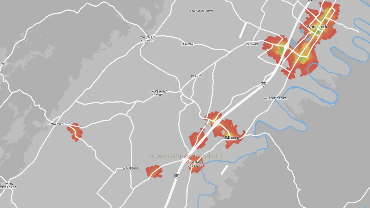 Walk Grade map of 22824, VA, walkable areas in green and car-dependent areas in red