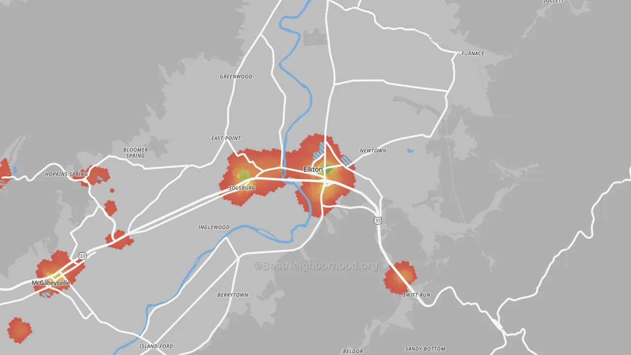 Walk Grade map of 22827, VA, walkable areas in green and car-dependent areas in red