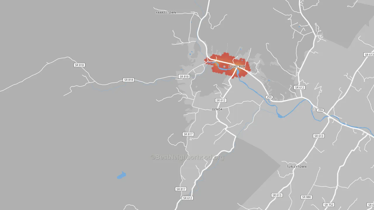Walk Grade map of 22830, VA, walkable areas in green and car-dependent areas in red