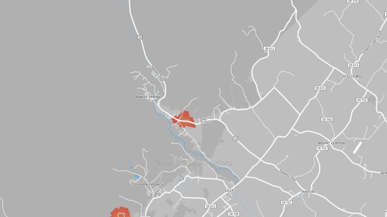 Walk Grade map of 22831, VA, walkable areas in green and car-dependent areas in red