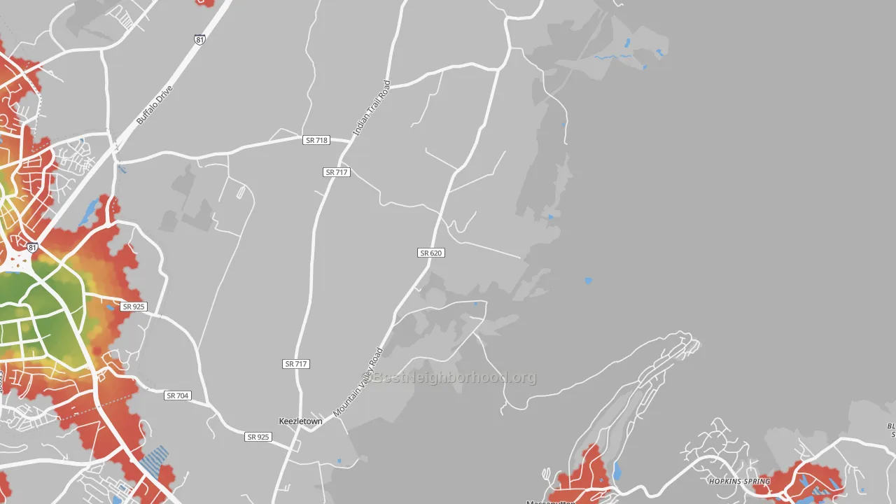 Walk Grade map of 22832, VA, walkable areas in green and car-dependent areas in red