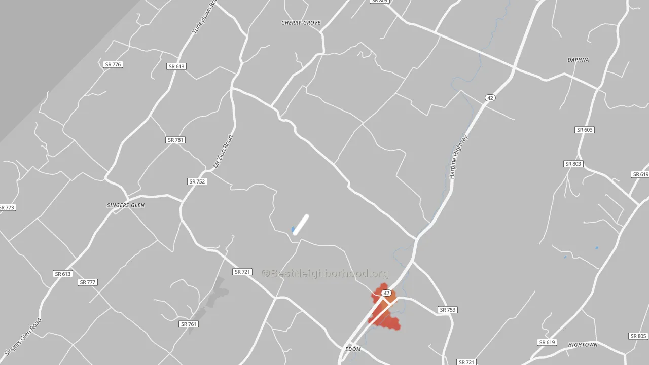 Walk Grade map of 22834, VA, walkable areas in green and car-dependent areas in red