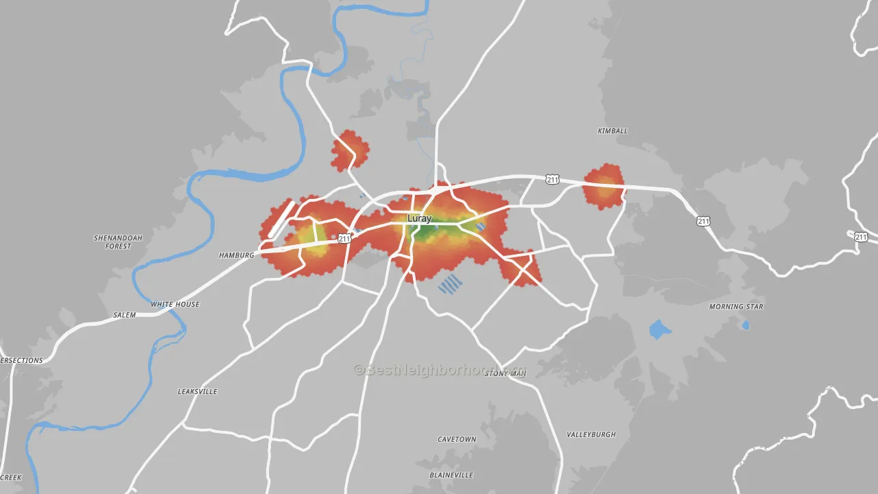 Walk Grade map of 22835, VA, walkable areas in green and car-dependent areas in red