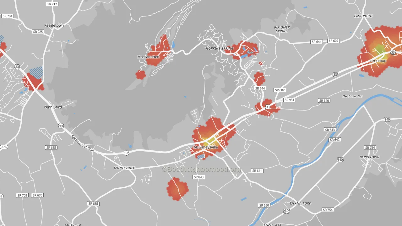 Walk Grade map of 22840, VA, walkable areas in green and car-dependent areas in red