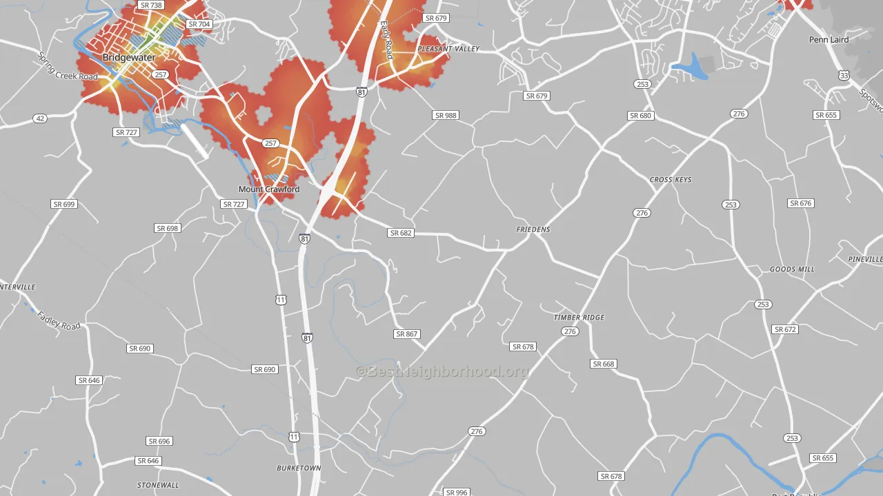Walk Grade map of 22841, VA, walkable areas in green and car-dependent areas in red