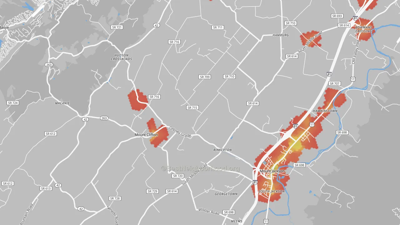 Walk Grade map of 22842, VA, walkable areas in green and car-dependent areas in red