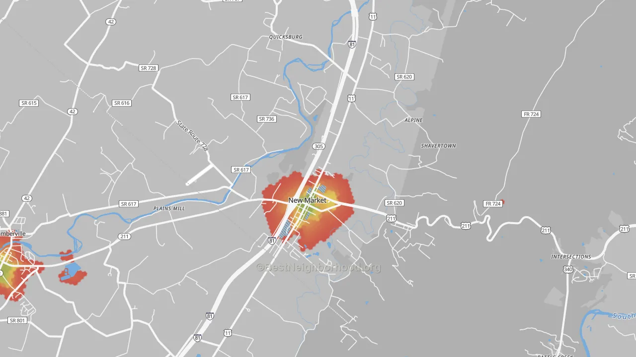 Walk Grade map of 22844, VA, walkable areas in green and car-dependent areas in red