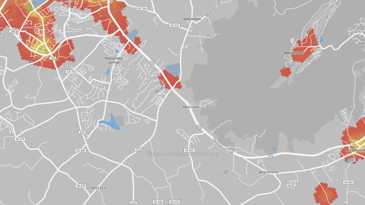 Walk Grade map of 22846, VA, walkable areas in green and car-dependent areas in red