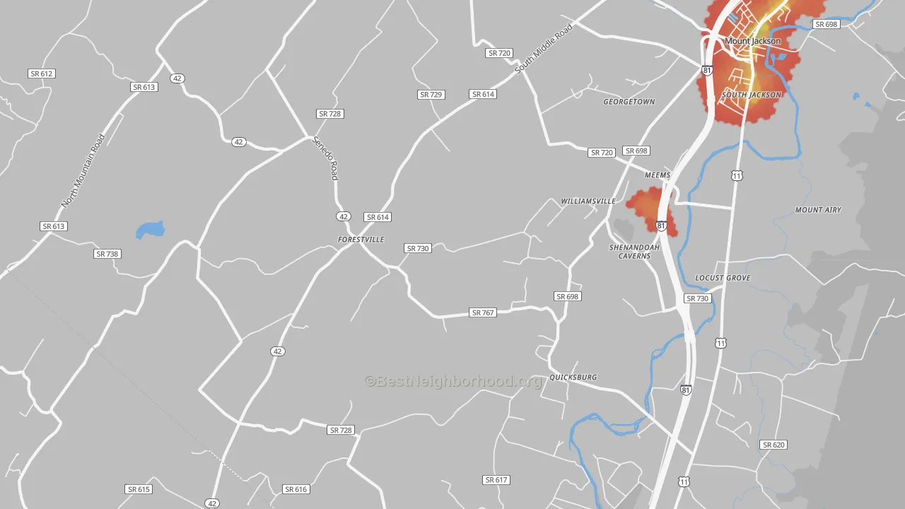 Walk Grade map of 22847, VA, walkable areas in green and car-dependent areas in red