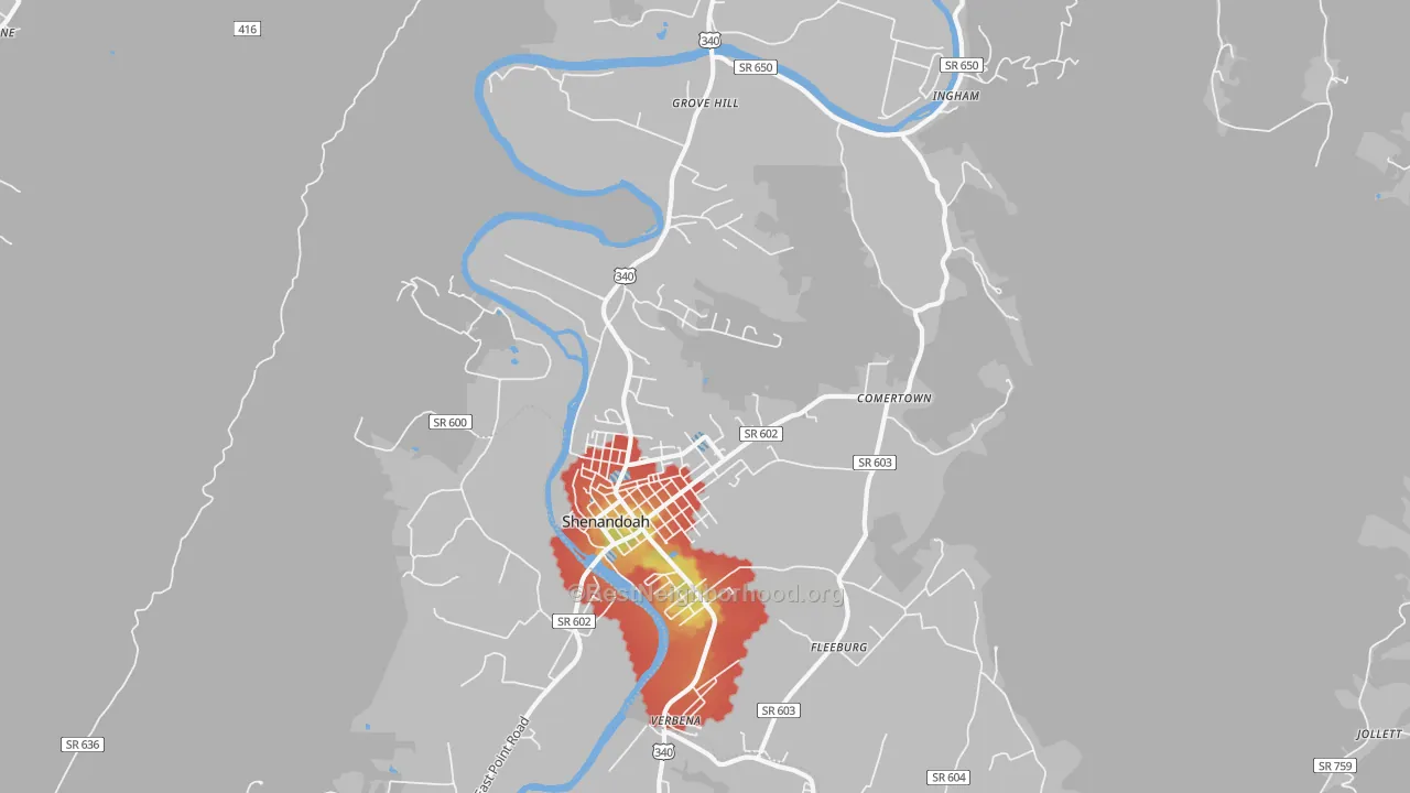 Walk Grade map of 22849, VA, walkable areas in green and car-dependent areas in red