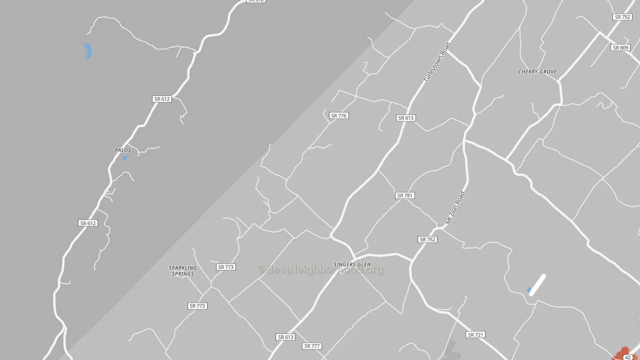 Walk Grade map of 22850, VA, walkable areas in green and car-dependent areas in red
