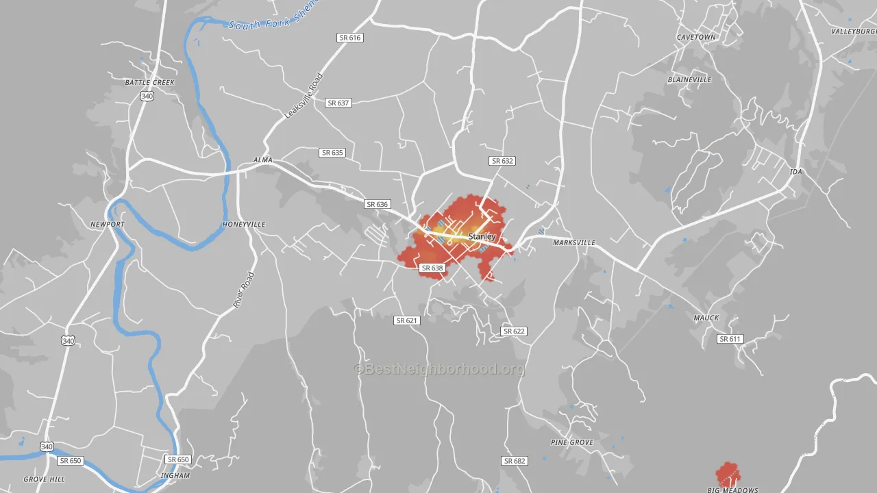 Walk Grade map of 22851, VA, walkable areas in green and car-dependent areas in red